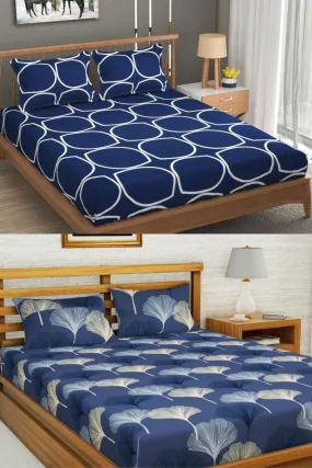 Neekshaa Combo Pack of 2 Super Soft Elastic Fitted Glace Cotton Double Bedsheets with 4 Pillow Covers_Size-72 x 78   8 Inches, Multicolor (Model no.-60)