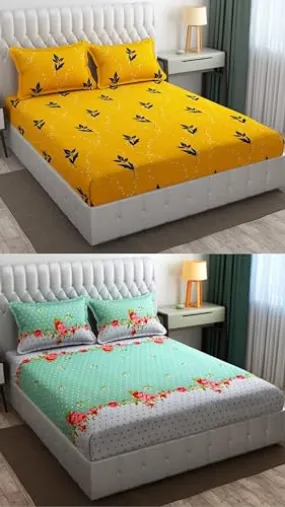 Neekshaa Combo Pack of 2 Super Soft Elastic Fitted Glace Cotton Double Bedsheets with 4 Pillow Covers_Size-72 x 78   8 Inches, Multicolor (Model no.-62)