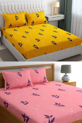 Neekshaa Combo Pack of 2 Super Soft Elastic Fitted Glace Cotton Double Bedsheets with 4 Pillow Covers_Size-72 x 78   8 Inches, Multicolor (Model no.-67)