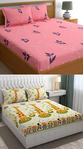 Neekshaa Combo Pack of 2 Super Soft Elastic Fitted Glace Cotton Double Bedsheets with 4 Pillow Covers_Size-72 x 78   8 Inches, Multicolor (Model no.-71)