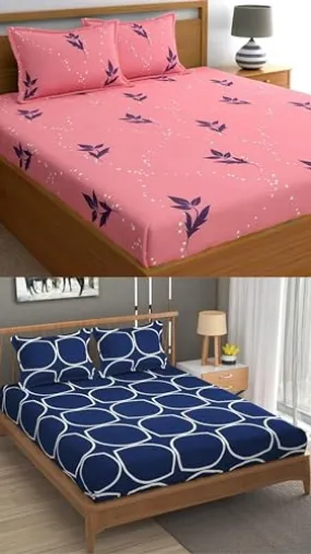 Neekshaa Combo Pack of 2 Super Soft Elastic Fitted Glace Cotton Double Bedsheets with 4 Pillow Covers_Size-72 x 78   8 Inches, Multicolor (Model no.-76)