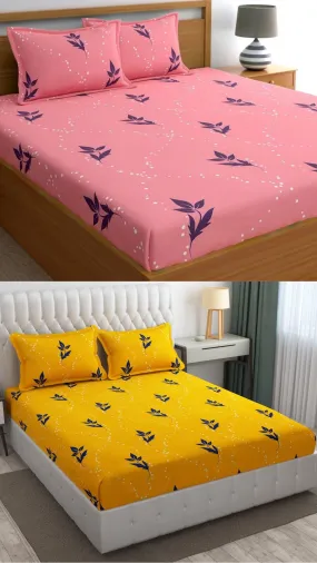 Neekshaa Combo Pack of 2 Super Soft Elastic Fitted Glace Cotton Double Bedsheets with 4 Pillow Covers_Size-72 x 78   8 Inches, Multicolor (Model no.-77)