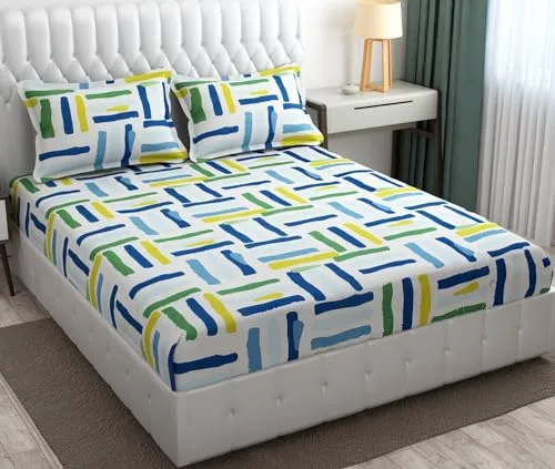 Neekshaa Combo Pack of 2 Super Soft Elastic Fitted Glace Cotton Double Bedsheets with 4 Pillow Covers_Size-72 x 78   8 Inches, Multicolor (Model no.-90)