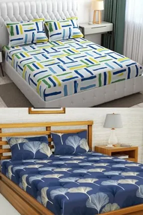 Neekshaa Combo Pack of 2 Super Soft Elastic Fitted Glace Cotton Double Bedsheets with 4 Pillow Covers_Size-72 x 78   8 Inches, Multicolor (Model no.-90)