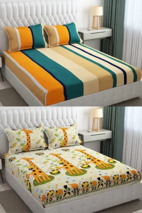 Neekshaa Combo Pack of 2 Super Soft Elastic Fitted Glace Cotton Double Bedsheets with 4 Pillow Covers_Size-72 x 78   8 Inches, Multicolor (Model no.-91)