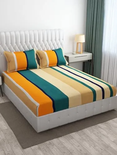 Neekshaa Combo Pack of 2 Super Soft Elastic Fitted Glace Cotton Double Bedsheets with 4 Pillow Covers_Size-72 x 78   8 Inches, Multicolor (Model no.-92)