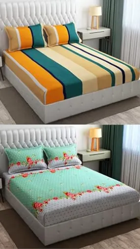 Neekshaa Combo Pack of 2 Super Soft Elastic Fitted Glace Cotton Double Bedsheets with 4 Pillow Covers_Size-72 x 78   8 Inches, Multicolor (Model no.-92)
