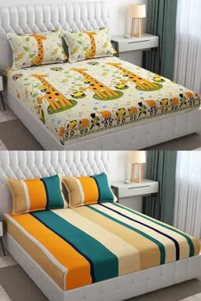 Neekshaa Combo Pack of 2 Super Soft Elastic Fitted Glace Cotton Double Bedsheets with 4 Pillow Covers_Size-72 x 78   8 Inches, Multicolor (Model no.-9)