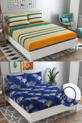 Neekshaa Combo Pack of 2 Super Soft Elastic Fitted Glace Cotton Double Bedsheets with 4 Pillow Covers_Size-72x72 8 inches, Multicolor (Model no.-100)