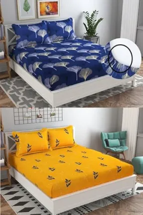 Neekshaa Combo Pack of 2 Super Soft Elastic Fitted Glace Cotton Double Bedsheets with 4 Pillow Covers_Size-72x72 8 inches, Multicolor (Model no.-107)