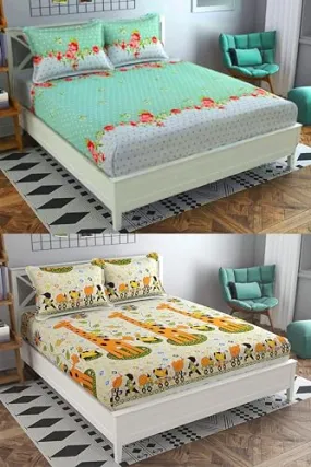 Neekshaa Combo Pack of 2 Super Soft Elastic Fitted Glace Cotton Double Bedsheets with 4 Pillow Covers_Size-72x72 8 inches, Multicolor (Model no.-11)