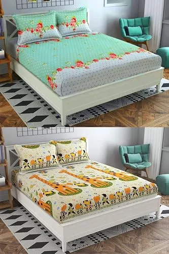 Neekshaa Combo Pack of 2 Super Soft Elastic Fitted Glace Cotton Double Bedsheets with 4 Pillow Covers_Size-72x72 8 inches, Multicolor (Model no.-11)