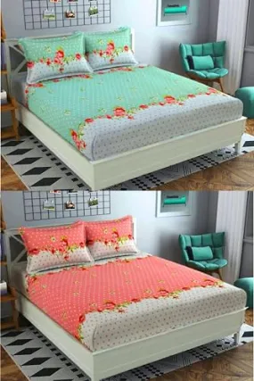 Neekshaa Combo Pack of 2 Super Soft Elastic Fitted Glace Cotton Double Bedsheets with 4 Pillow Covers_Size-72x72 8 inches, Multicolor (Model no.-13)