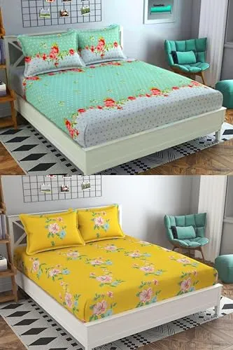 Neekshaa Combo Pack of 2 Super Soft Elastic Fitted Glace Cotton Double Bedsheets with 4 Pillow Covers_Size-72x72 8 inches, Multicolor (Model no.-14)