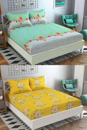 Neekshaa Combo Pack of 2 Super Soft Elastic Fitted Glace Cotton Double Bedsheets with 4 Pillow Covers_Size-72x72 8 inches, Multicolor (Model no.-14)