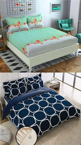 Neekshaa Combo Pack of 2 Super Soft Elastic Fitted Glace Cotton Double Bedsheets with 4 Pillow Covers_Size-72x72 8 inches, Multicolor (Model no.-15)