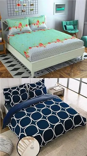 Neekshaa Combo Pack of 2 Super Soft Elastic Fitted Glace Cotton Double Bedsheets with 4 Pillow Covers_Size-72x72 8 inches, Multicolor (Model no.-15)