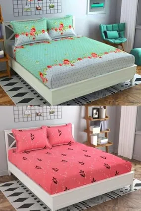Neekshaa Combo Pack of 2 Super Soft Elastic Fitted Glace Cotton Double Bedsheets with 4 Pillow Covers_Size-72x72 8 inches, Multicolor (Model no.-17)