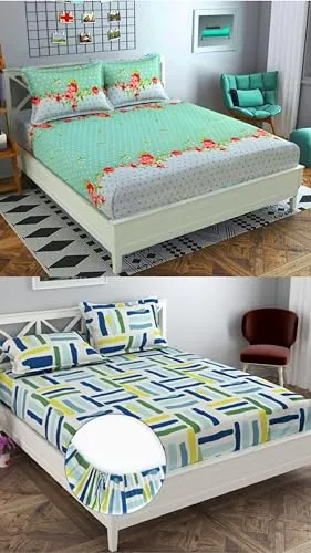 Neekshaa Combo Pack of 2 Super Soft Elastic Fitted Glace Cotton Double Bedsheets with 4 Pillow Covers_Size-72x72 8 inches, Multicolor (Model no.-18)