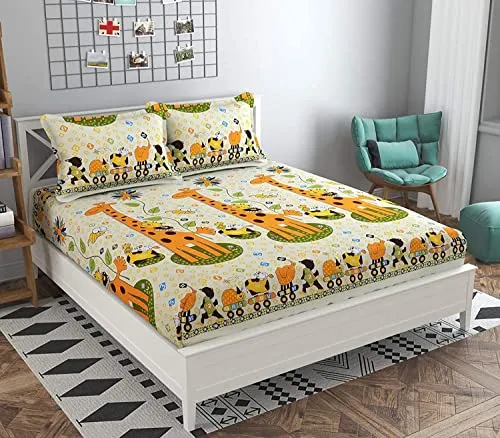 Neekshaa Combo Pack of 2 Super Soft Elastic Fitted Glace Cotton Double Bedsheets with 4 Pillow Covers_Size-72x72 8 inches, Multicolor (Model no.-1)