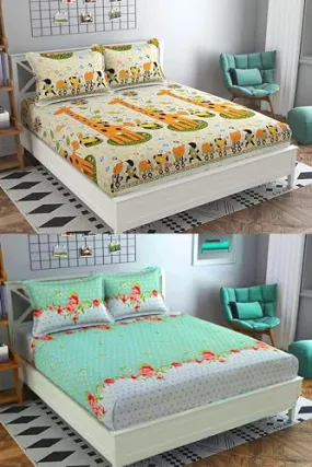 Neekshaa Combo Pack of 2 Super Soft Elastic Fitted Glace Cotton Double Bedsheets with 4 Pillow Covers_Size-72x72 8 inches, Multicolor (Model no.-1)