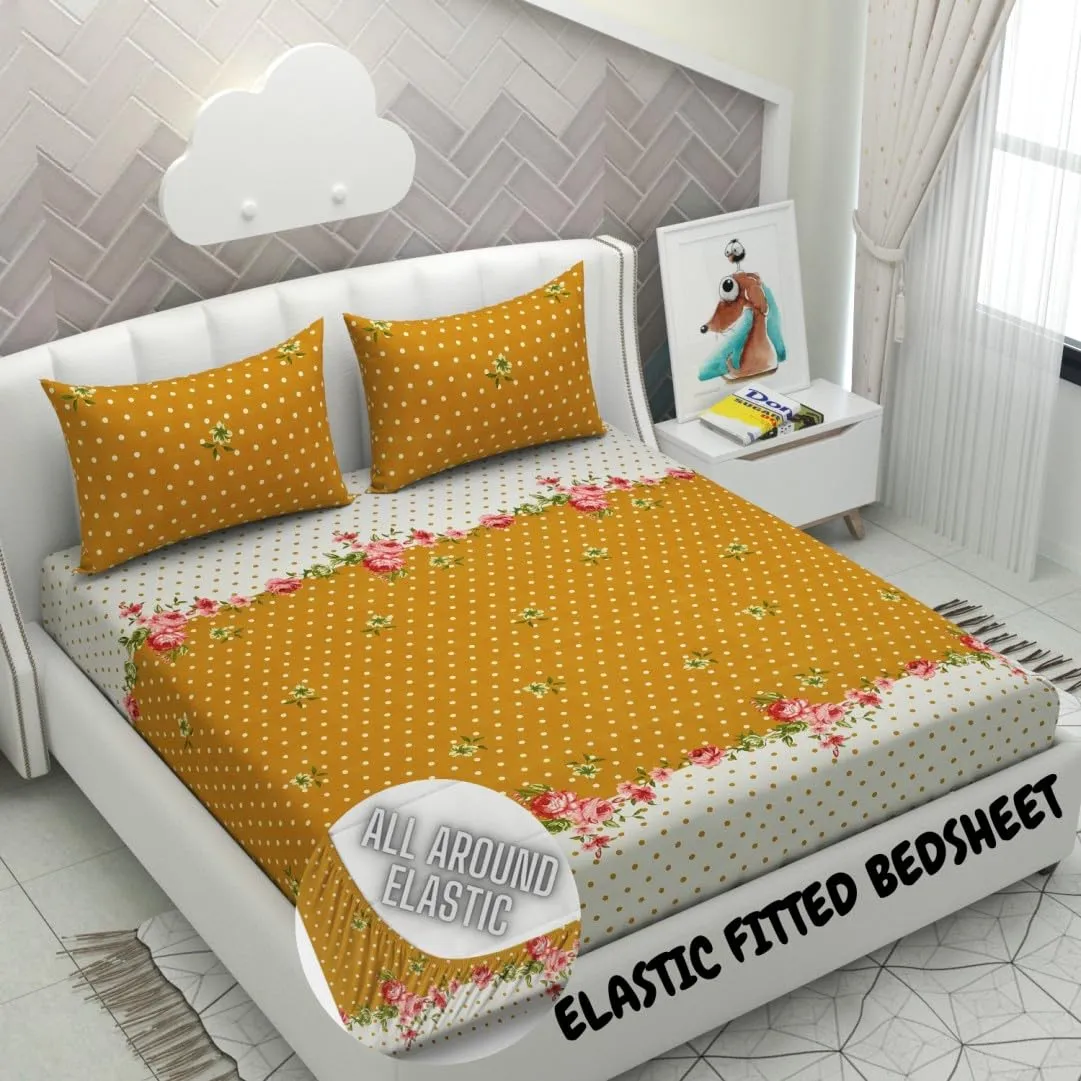 Neekshaa Combo Pack of 2 Super Soft Elastic Fitted Glace Cotton Double Bedsheets with 4 Pillow Covers_Size-72x72 8 inches, Multicolor (Model no.-27)