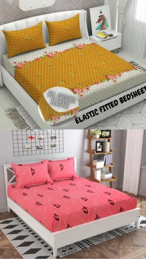 Neekshaa Combo Pack of 2 Super Soft Elastic Fitted Glace Cotton Double Bedsheets with 4 Pillow Covers_Size-72x72 8 inches, Multicolor (Model no.-27)