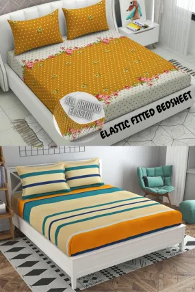 Neekshaa Combo Pack of 2 Super Soft Elastic Fitted Glace Cotton Double Bedsheets with 4 Pillow Covers_Size-72x72 8 inches, Multicolor (Model no.-29)