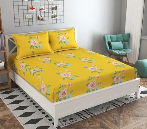 Neekshaa Combo Pack of 2 Super Soft Elastic Fitted Glace Cotton Double Bedsheets with 4 Pillow Covers_Size-72x72 8 inches, Multicolor (Model no.-34)
