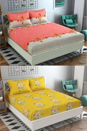 Neekshaa Combo Pack of 2 Super Soft Elastic Fitted Glace Cotton Double Bedsheets with 4 Pillow Covers_Size-72x72 8 inches, Multicolor (Model no.-34)