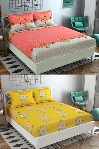 Neekshaa Combo Pack of 2 Super Soft Elastic Fitted Glace Cotton Double Bedsheets with 4 Pillow Covers_Size-72x72 8 inches, Multicolor (Model no.-34)
