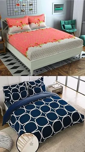 Neekshaa Combo Pack of 2 Super Soft Elastic Fitted Glace Cotton Double Bedsheets with 4 Pillow Covers_Size-72x72 8 inches, Multicolor (Model no.-35)