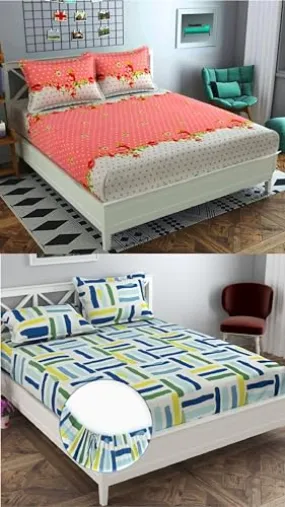 Neekshaa Combo Pack of 2 Super Soft Elastic Fitted Glace Cotton Double Bedsheets with 4 Pillow Covers_Size-72x72 8 inches, Multicolor (Model no.-38)