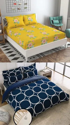 Neekshaa Combo Pack of 2 Super Soft Elastic Fitted Glace Cotton Double Bedsheets with 4 Pillow Covers_Size-72x72 8 inches, Multicolor (Model no.-45)