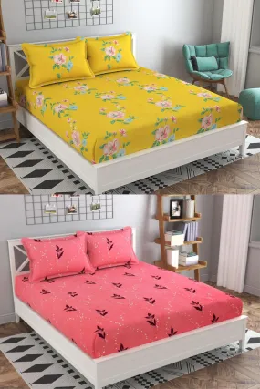 Neekshaa Combo Pack of 2 Super Soft Elastic Fitted Glace Cotton Double Bedsheets with 4 Pillow Covers_Size-72x72 8 inches, Multicolor (Model no.-47)