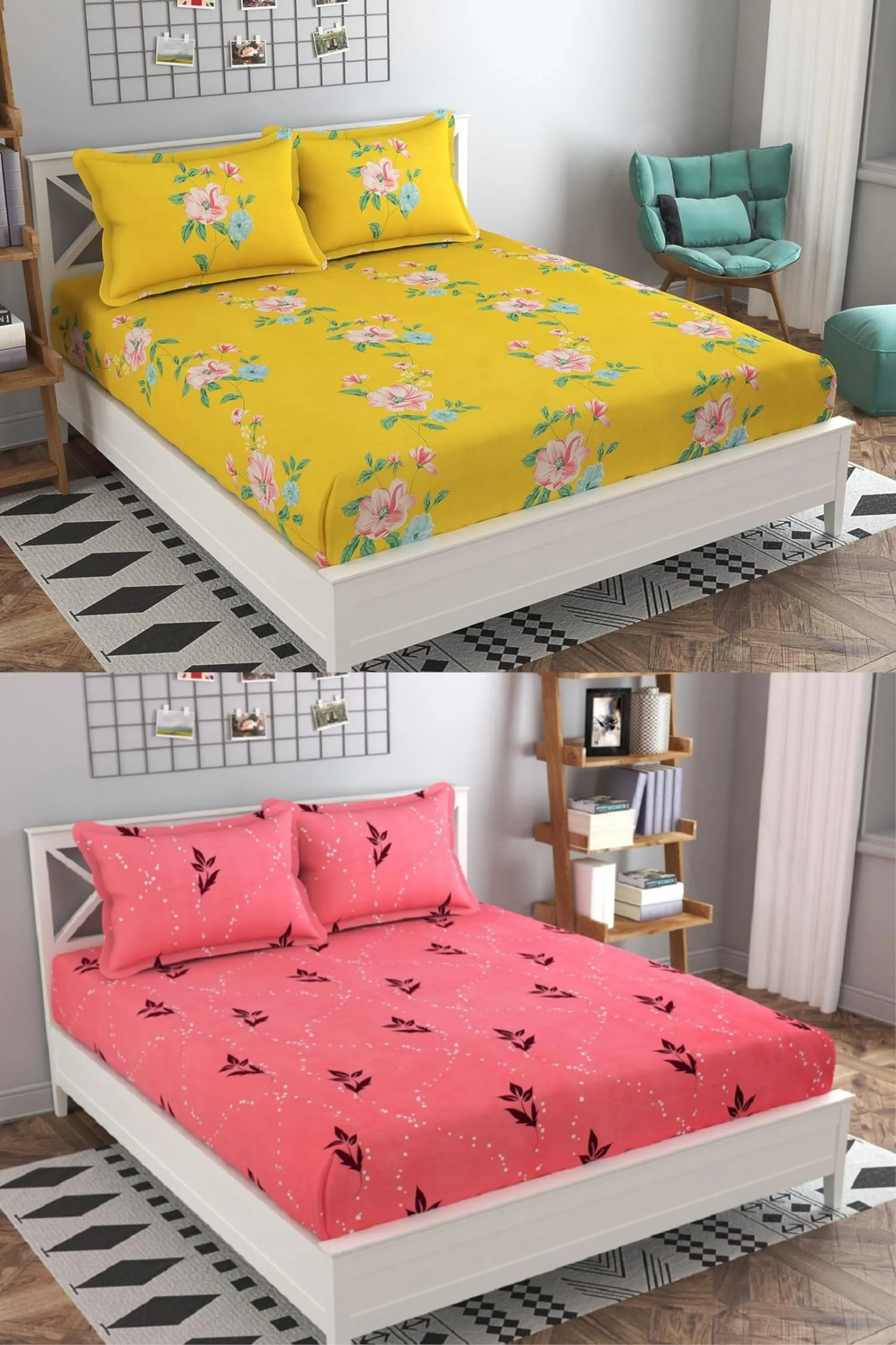 Neekshaa Combo Pack of 2 Super Soft Elastic Fitted Glace Cotton Double Bedsheets with 4 Pillow Covers_Size-72x72 8 inches, Multicolor (Model no.-47)