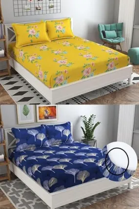Neekshaa Combo Pack of 2 Super Soft Elastic Fitted Glace Cotton Double Bedsheets with 4 Pillow Covers_Size-72x72 8 inches, Multicolor (Model no.-50)