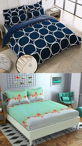Neekshaa Combo Pack of 2 Super Soft Elastic Fitted Glace Cotton Double Bedsheets with 4 Pillow Covers_Size-72x72 8 inches, Multicolor (Model no.-52)