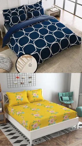 Neekshaa Combo Pack of 2 Super Soft Elastic Fitted Glace Cotton Double Bedsheets with 4 Pillow Covers_Size-72x72 8 inches, Multicolor (Model no.-55)