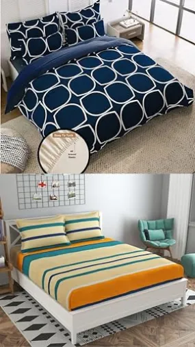 Neekshaa Combo Pack of 2 Super Soft Elastic Fitted Glace Cotton Double Bedsheets with 4 Pillow Covers_Size-72x72 8 inches, Multicolor (Model no.-59)