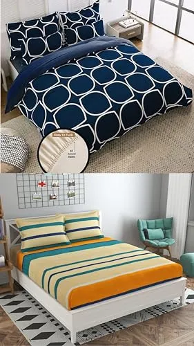 Neekshaa Combo Pack of 2 Super Soft Elastic Fitted Glace Cotton Double Bedsheets with 4 Pillow Covers_Size-72x72 8 inches, Multicolor (Model no.-59)