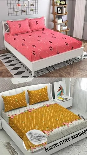 Neekshaa Combo Pack of 2 Super Soft Elastic Fitted Glace Cotton Double Bedsheets with 4 Pillow Covers_Size-72x72 8 inches, Multicolor (Model no.-73)