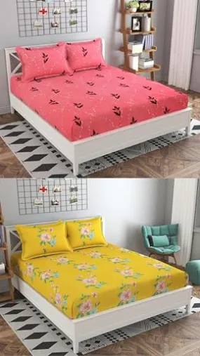 Neekshaa Combo Pack of 2 Super Soft Elastic Fitted Glace Cotton Double Bedsheets with 4 Pillow Covers_Size-72x72 8 inches, Multicolor (Model no.-75)