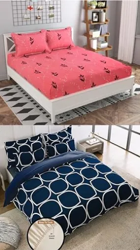 Neekshaa Combo Pack of 2 Super Soft Elastic Fitted Glace Cotton Double Bedsheets with 4 Pillow Covers_Size-72x72 8 inches, Multicolor (Model no.-76)