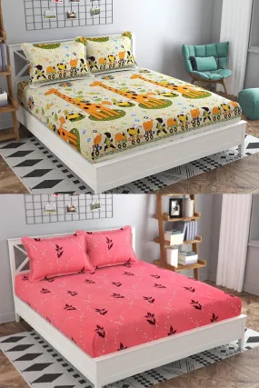Neekshaa Combo Pack of 2 Super Soft Elastic Fitted Glace Cotton Double Bedsheets with 4 Pillow Covers_Size-72x72 8 inches, Multicolor (Model no.-7)