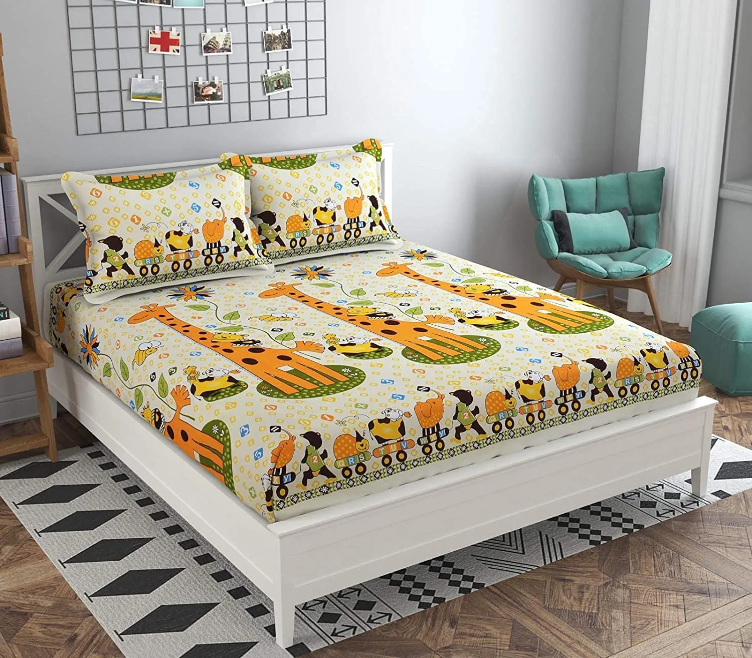 Neekshaa Combo Pack of 2 Super Soft Elastic Fitted Glace Cotton Double Bedsheets with 4 Pillow Covers_Size-72x72 8 inches, Multicolor (Model no.-7)