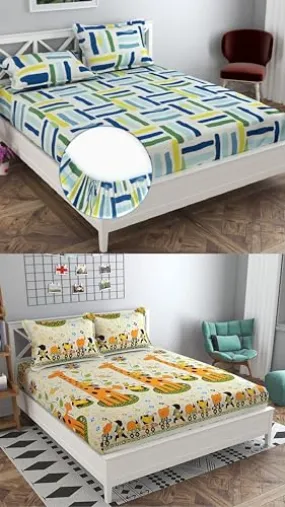 Neekshaa Combo Pack of 2 Super Soft Elastic Fitted Glace Cotton Double Bedsheets with 4 Pillow Covers_Size-72x72 8 inches, Multicolor (Model no.-81)
