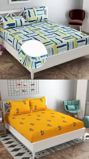 Neekshaa Combo Pack of 2 Super Soft Elastic Fitted Glace Cotton Double Bedsheets with 4 Pillow Covers_Size-72x72 8 inches, Multicolor (Model no.-87)