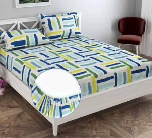 Neekshaa Combo Pack of 2 Super Soft Elastic Fitted Glace Cotton Double Bedsheets with 4 Pillow Covers_Size-72x72 8 inches, Multicolor (Model no.-87)