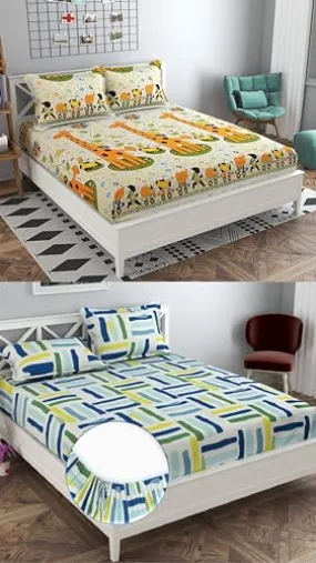 Neekshaa Combo Pack of 2 Super Soft Elastic Fitted Glace Cotton Double Bedsheets with 4 Pillow Covers_Size-72x72 8 inches, Multicolor (Model no.-8)